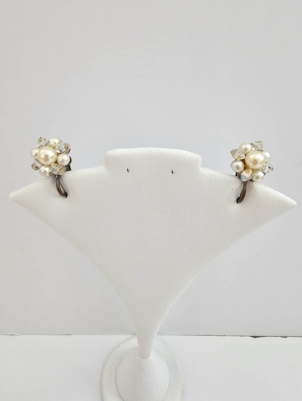 Vintage Mid-Century Pearl & AB Crystal Cluster Screwback Earrings - 1950s Bridal